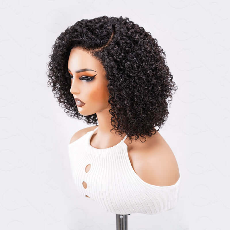 QVR Short Cut Curly Human Hair Minimalist Lace Glueless Side Part Wig