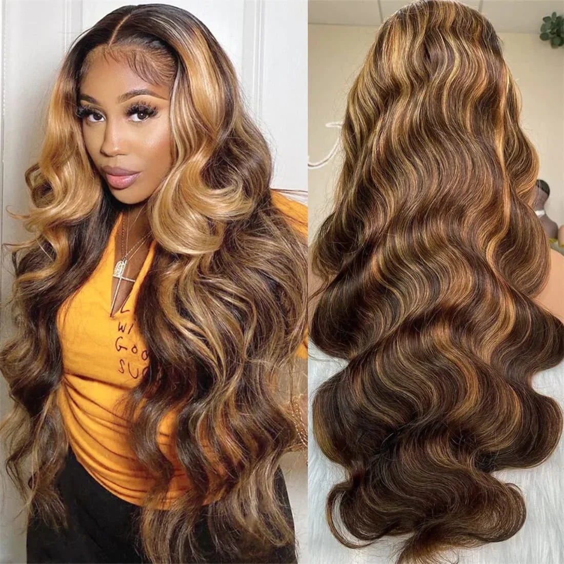 QVR 13x4 Transparent Lace Front Body Wave Wig Honey Blonde Piano Highlights Human Hair Wigs
