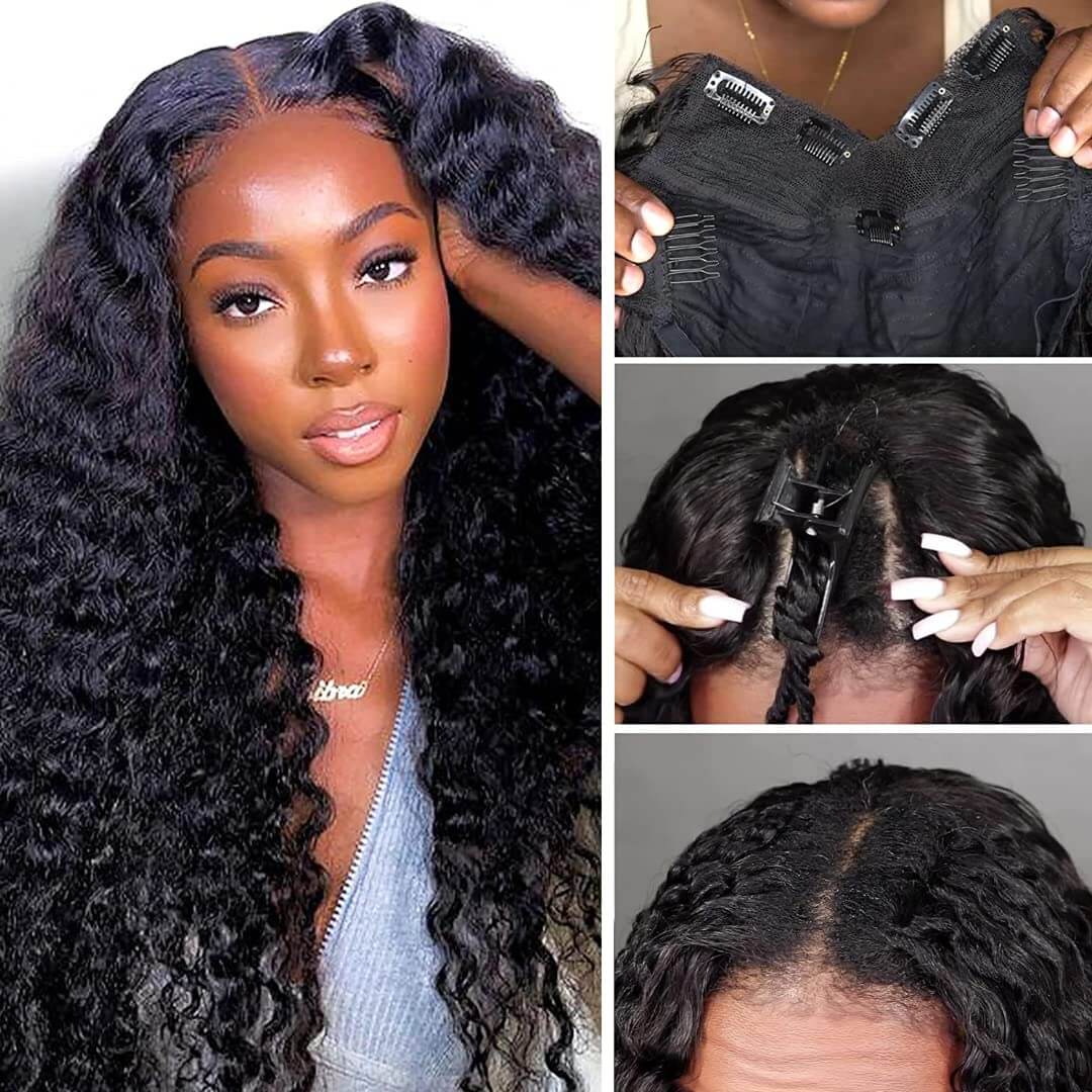 QVR Glueless Deep Wave V Part Wigs 180% Density Super Natural Human Hair Glueless 0 Skill Needed Wig