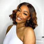 QVR Loose Wave 13x4x1 T part Lace Ombre Brown Human Hair Wigs Glueless Short Bob Wig