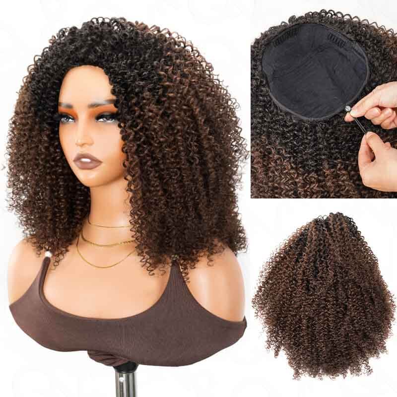 QVR Glueless Dark Brown Kinky Curly Half Wig with Black Roots 250% Density Human Hair Wig #T1B/4 Wear Go Flip Over Wig