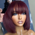 QVR Silk Straight 99J Color Machine Made Bob Wig With Bangs Straight Human Hair Wigs No Lace