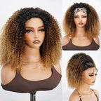QVR Glueless Ombre Brown Blonde Kinky Curly Half Wig with Black Roots 250% Density Human Hair Wig #T1B/30/27 Wear Go Flip Over Wig