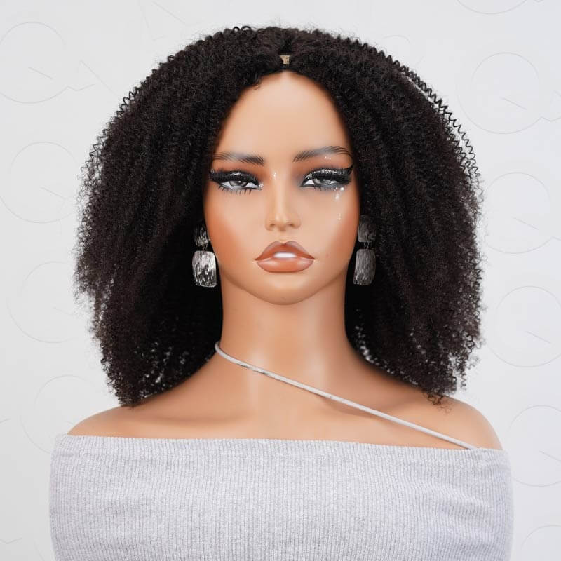 QVR Twist Curly V Part Wigs No Leave Out Human Hair Wig Beginner Friendly