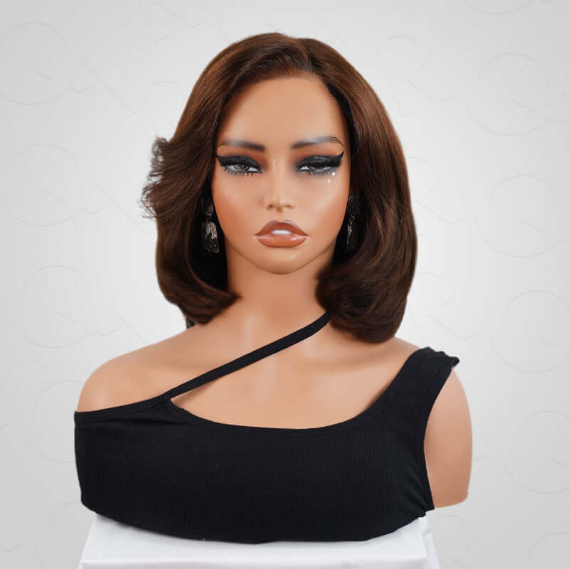 QVR Chic&Natural Layered Short Bob Wigs Brown Color Wear and Go Human Hair Wigs