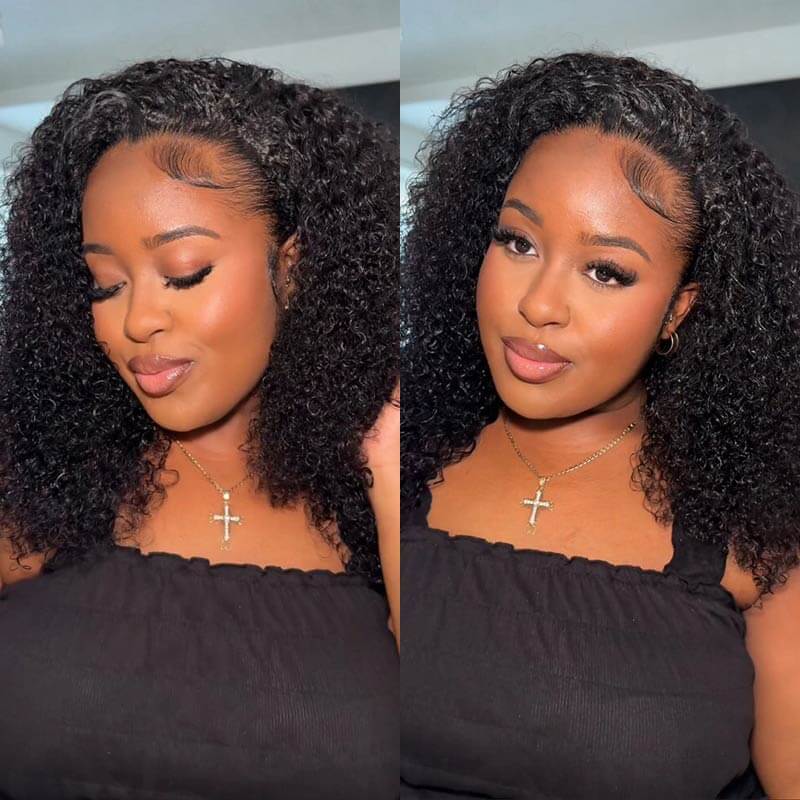 QVR Glueless Kinky Straight Half Wig With Spiral Curl 250% Density Human Hair Wig Natural Black Wear Go Flip Over Wig