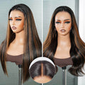 QVR Natural Hairline Brown Highlight Silky Straight Glueless 13x4 Pre-cut Lace Frontal Wig Human Hair