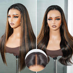 QVR Natural Hairline Brown Highlight Silky Straight Glueless 13x4 Pre-cut Lace Frontal Wig Human Hair