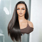 QVR Glueless Silky Straight 13x4 Pre-Cut Lace Frontal Wig 180% density Natural Black Human Hair Wigs
