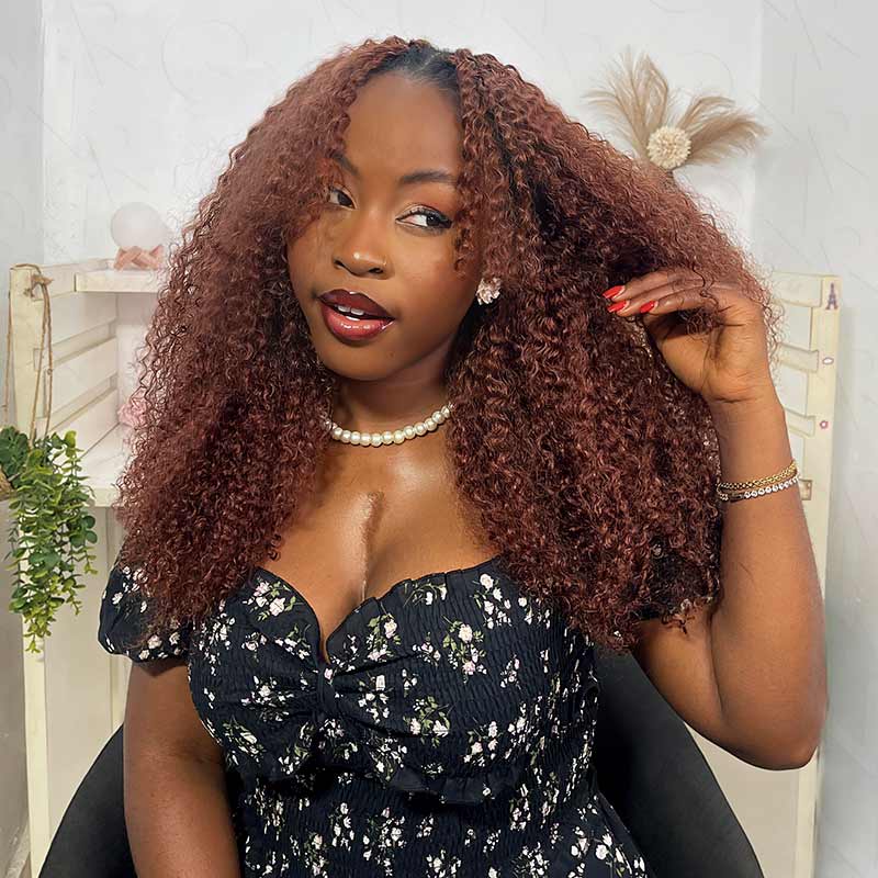 QVR Reddish Brown Human Crochet Hair Small Kinky Curly Machine Made #33B Feather Crochet Hairstyle