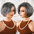 QVR Elegant Salt & Pepper Short Bob Wigs Glueless 13X4 Pre-cut Lace Human Hair Wigs