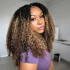QVR Sun-Kissed Blonde Mixed Highlights Feather Crochet Human Hair Burmese Kinky Curly Miracle Knots Crochet Weave Hair Extensions