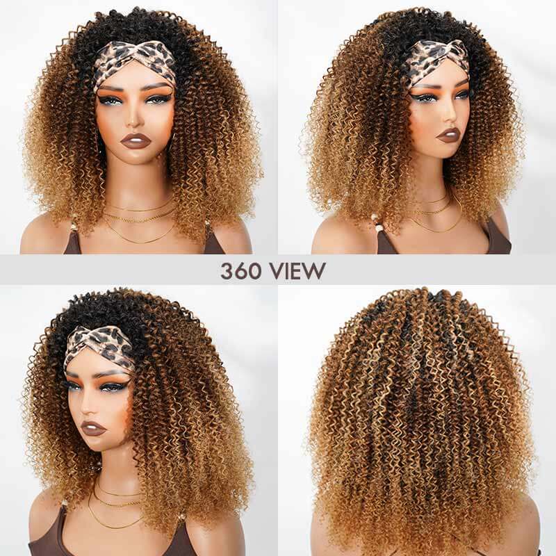 QVR Glueless Ombre Brown Blonde Kinky Curly Half Wig with Black Roots 250% Density Human Hair Wig #T1B/30/27 Wear Go Flip Over Wig