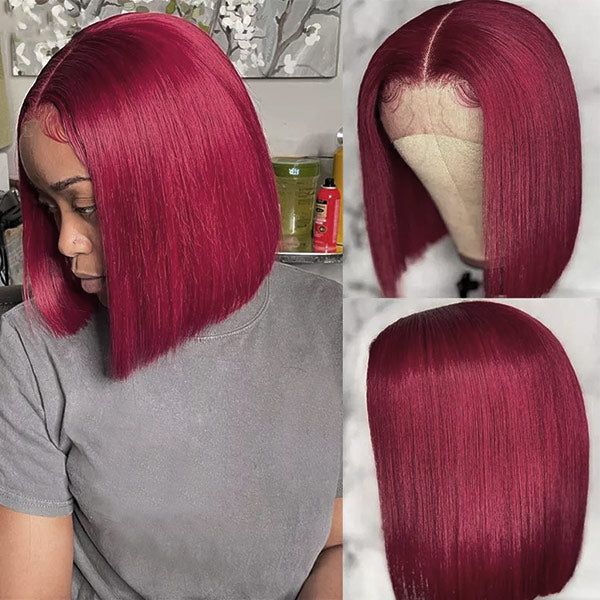 QVR 99J Burgundy Color T Lace Short Bob Wigs Straight Human Hair Wig 180% Lace Front Wigs