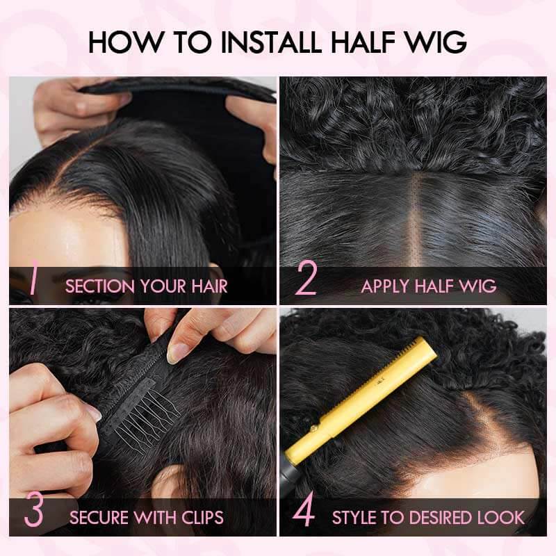 QVR Glueless Kinky Straight Half Wig With Spiral Curl 250% Density Human Hair Wig Natural Black Wear Go Flip Over Wig