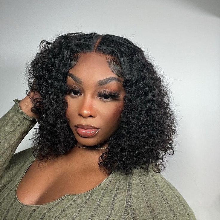 QVR Short Bob Wigs 4x4 Lace Closure Curly Bob Wigs Human Hair Wigs Natural Black