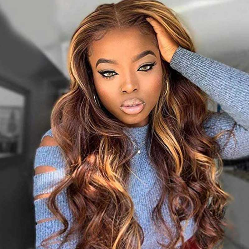 QVR Gluless Pre-cut 4x6 HD Lace Closure Human Hair Wigs Straight Piano Highlights Ombre Hair Wear and Go Wigs