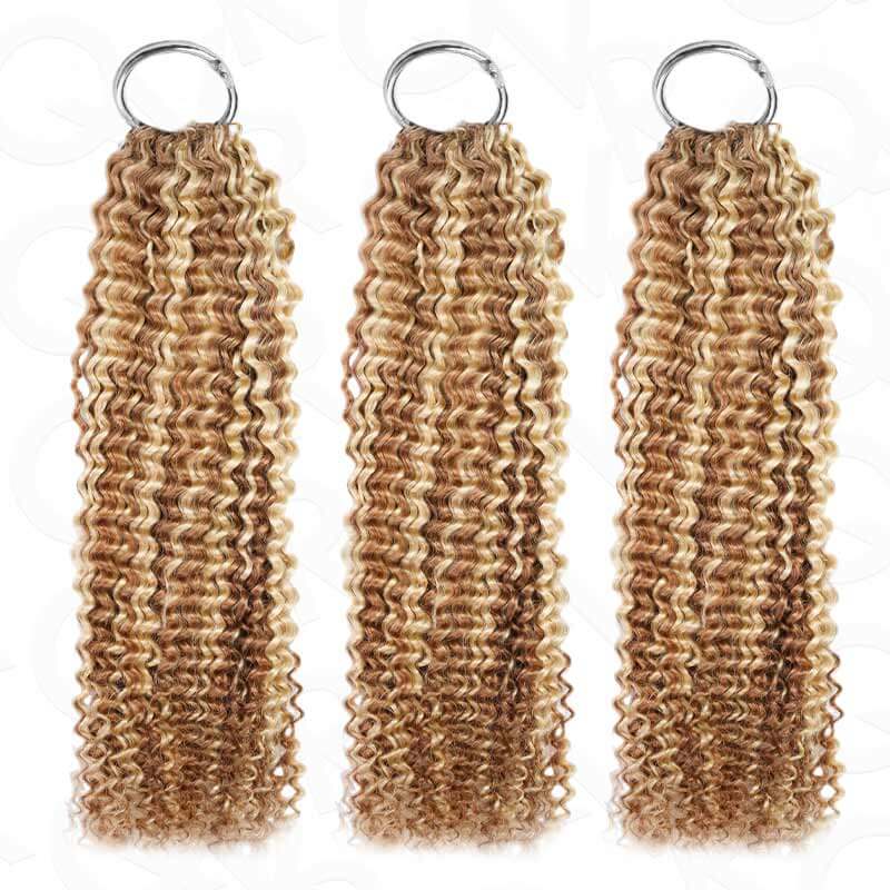 QVR Seamless Small Kinky Curly Feather Crochet Hair Highlight #P6/24 Machine Made Human Hair Extensions