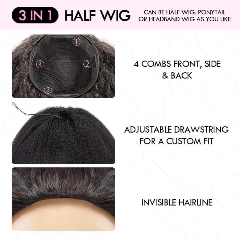 QVR Glueless Kinky Curly Half Wig 250% Density Human Hair Wig Wear Go Flip Over Wig