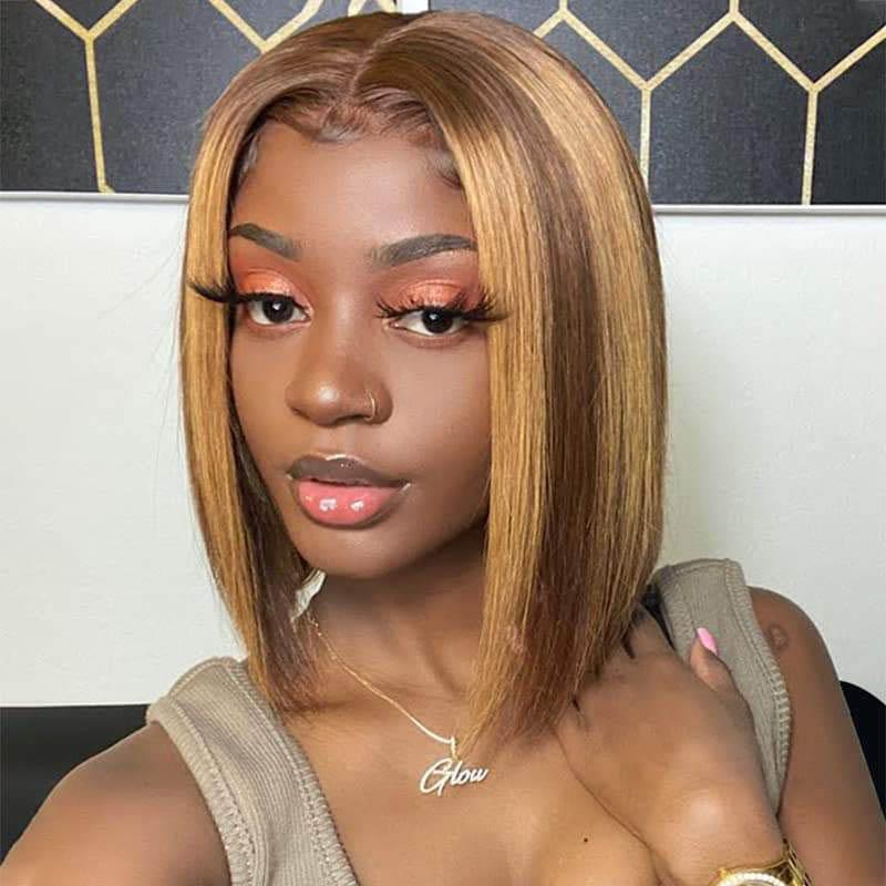 QVR Piano Highlights Color 13x4 4x4 Lace Closure Short Bob Wigs Honey Blonde Straight Human Hair Wig