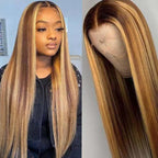 QVR Gluless Pre-cut 4x6 HD Lace Closure Human Hair Wigs Straight Piano Highlights Ombre Hair Wear and Go Wigs